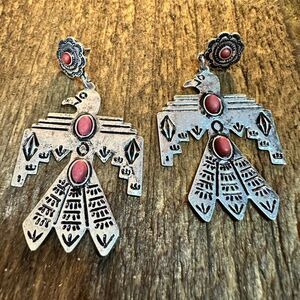 Metal Native Thunderbird Post Dangle Earrings in Red